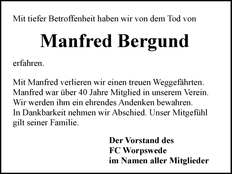 Traueranzeige von Manfred Bergund von Wuemme Zeitung