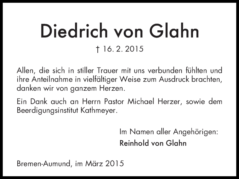 Traueranzeige von Diedrich von Glahn von Die Norddeutsche