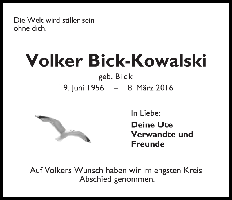 Traueranzeige von Volker Bick-Kowalski von Die Norddeutsche