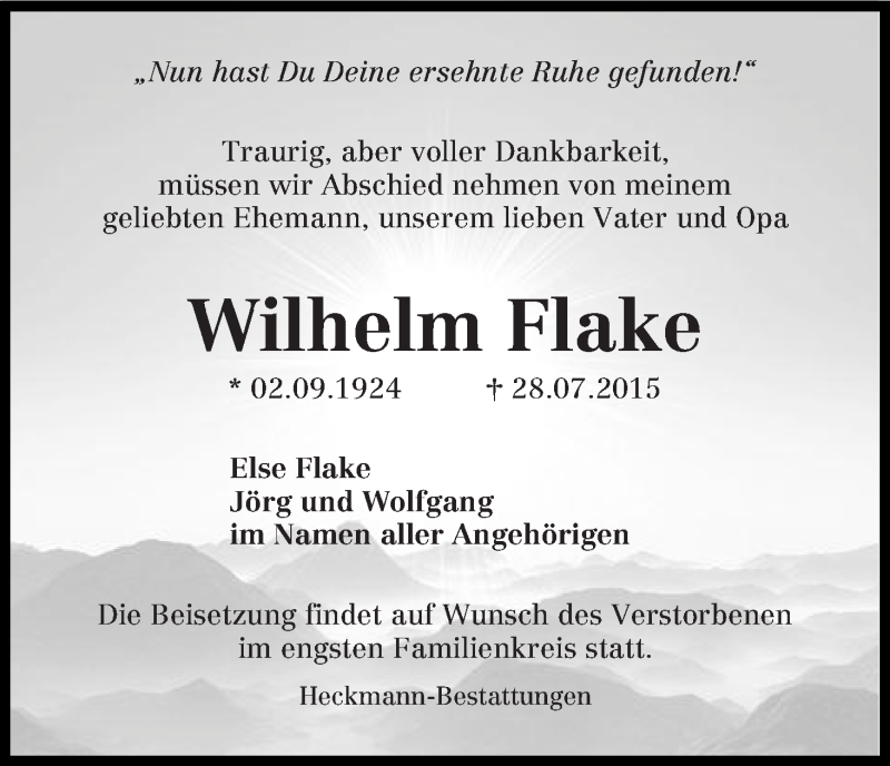 Traueranzeige von Wilhelm Flake von Die Norddeutsche