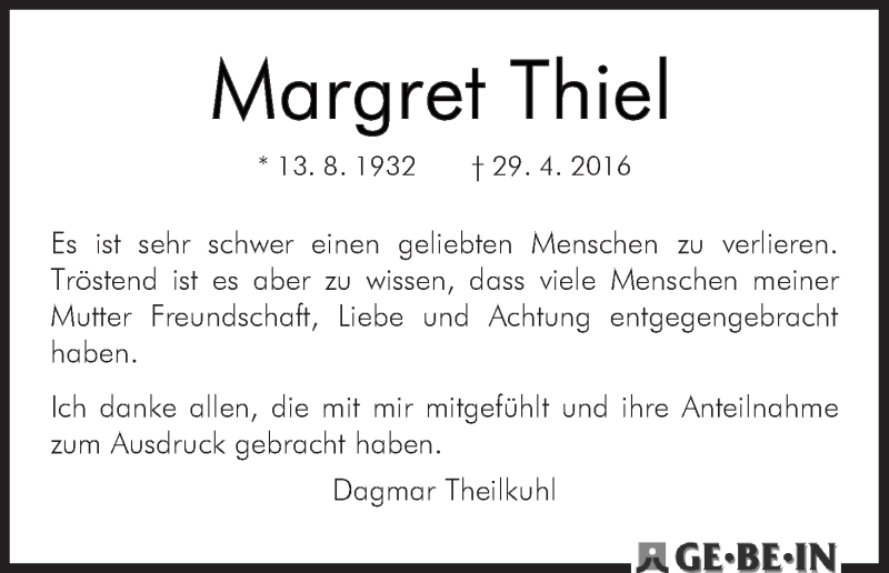 Traueranzeige von Margret Thiel von WESER-KURIER