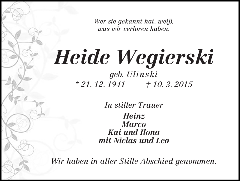 Traueranzeige von Heide Wegierski von Regionale Rundschau/Syker Kurier