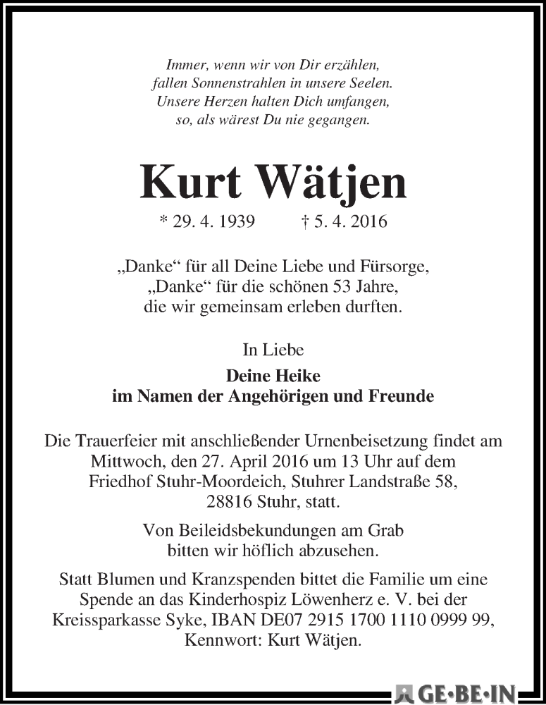 Traueranzeige von Kurt Wätjen von WESER-KURIER
