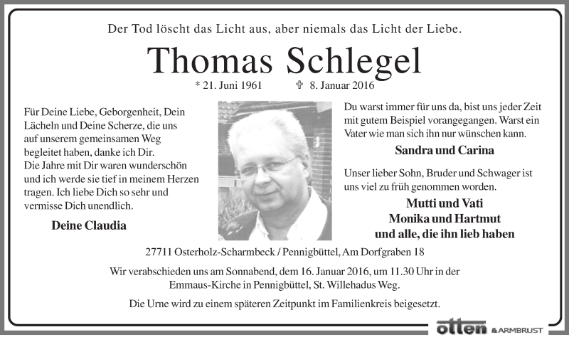  Traueranzeige für Thomas Schlegel vom 11.01.2016 aus Osterholzer Kreisblatt