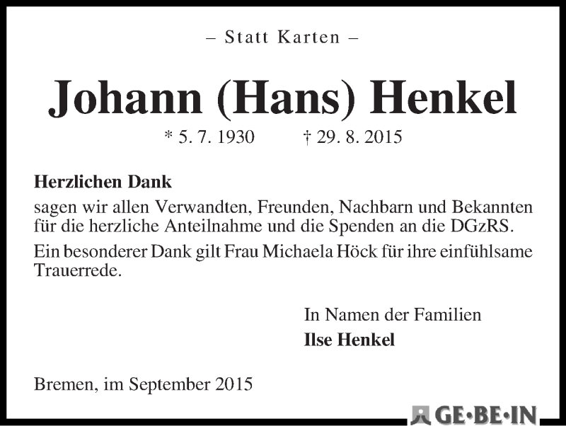 Traueranzeige von Johann (Hans) Henkel von WESER-KURIER