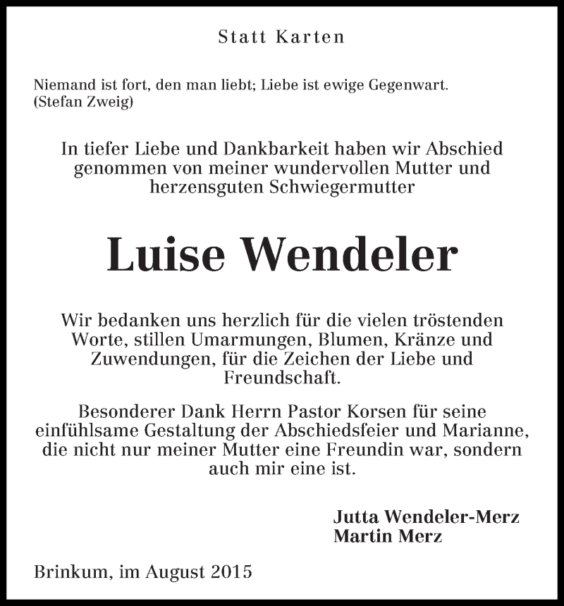  Traueranzeige für Luise Wendeler vom 29.08.2015 aus Regionale Rundschau/Syker Kurier