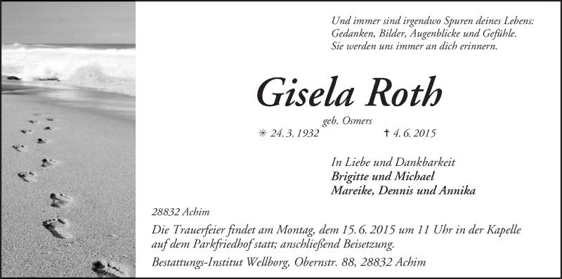Traueranzeige von Gisela Roth von Achimer Kurier/Verdener Nachrichten