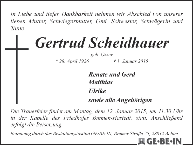 Traueranzeige von Gertrud Scheidhauer von WESER-KURIER
