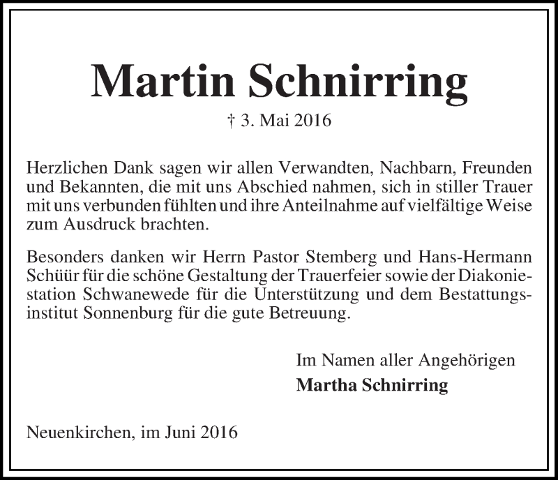 Traueranzeige von Martin Schnirring von Die Norddeutsche