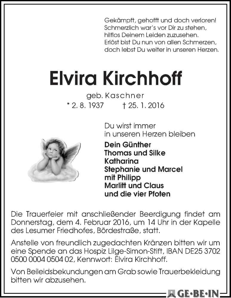 Traueranzeige von Elvira Kirchhoff von Die Norddeutsche