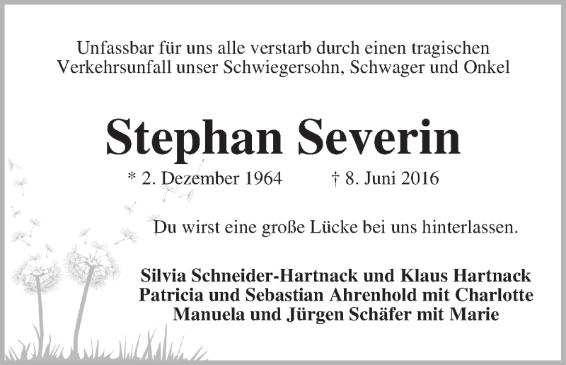  Traueranzeige für Stephan Severin vom 18.06.2016 aus Die Norddeutsche