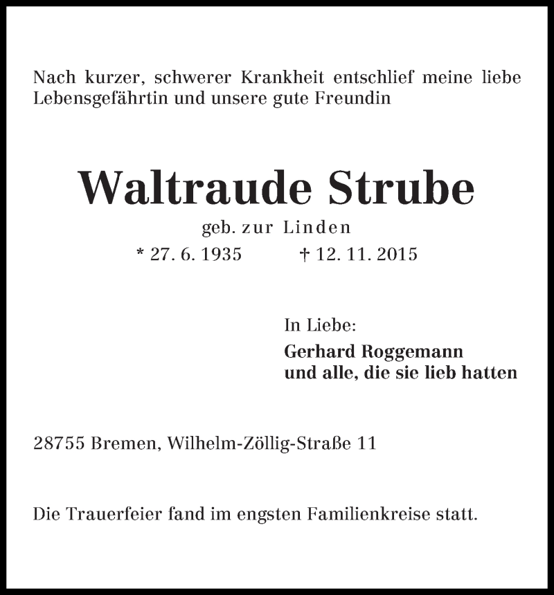 Traueranzeige von Waltraude Strube von Die Norddeutsche
