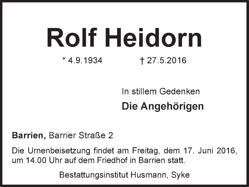 Traueranzeige von Rolf Heidorn von WESER-KURIER