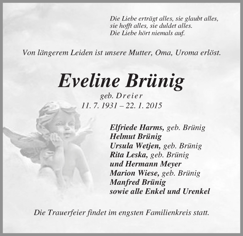  Traueranzeige für Eveline Brünig vom 24.01.2015 aus WESER-KURIER
