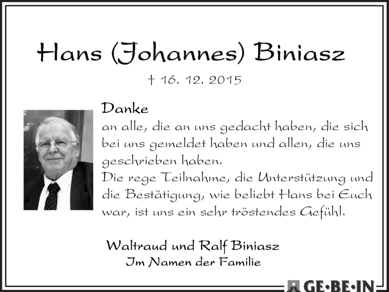 Traueranzeige von Hans (Johannes) Biniasz von WESER-KURIER