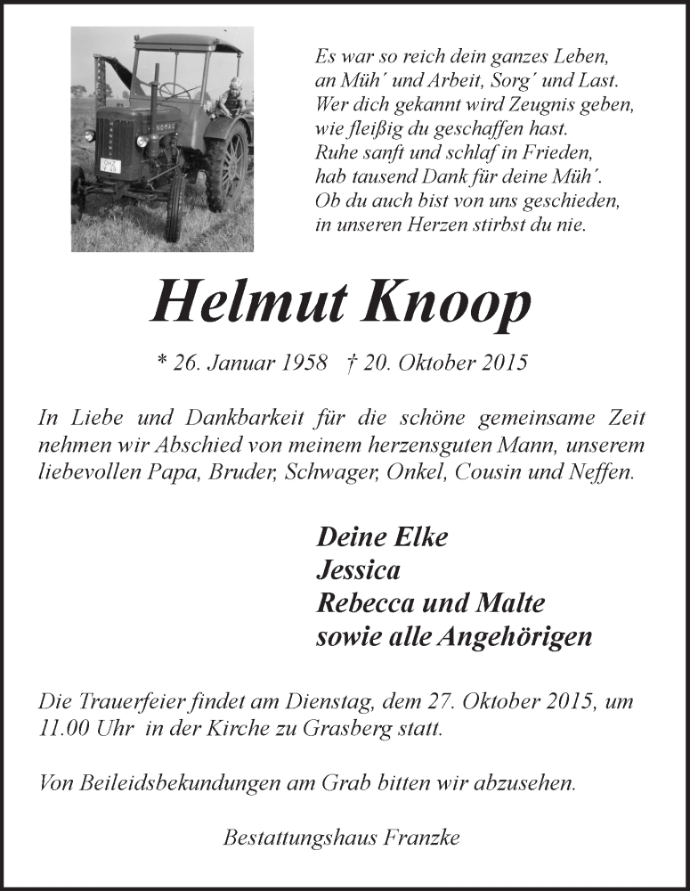 Traueranzeige von Helmut Knoop von Wuemme Zeitung
