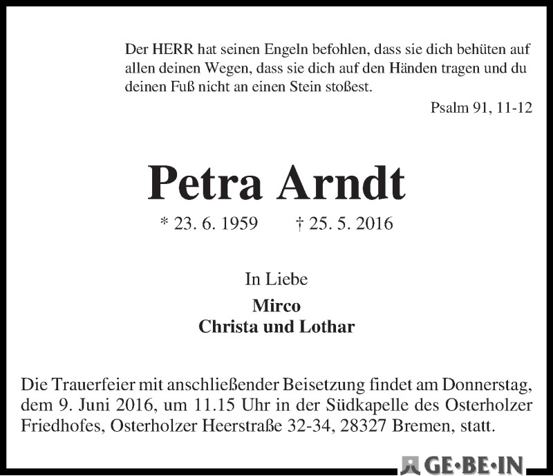 Traueranzeige von Petra Arndt von WESER-KURIER