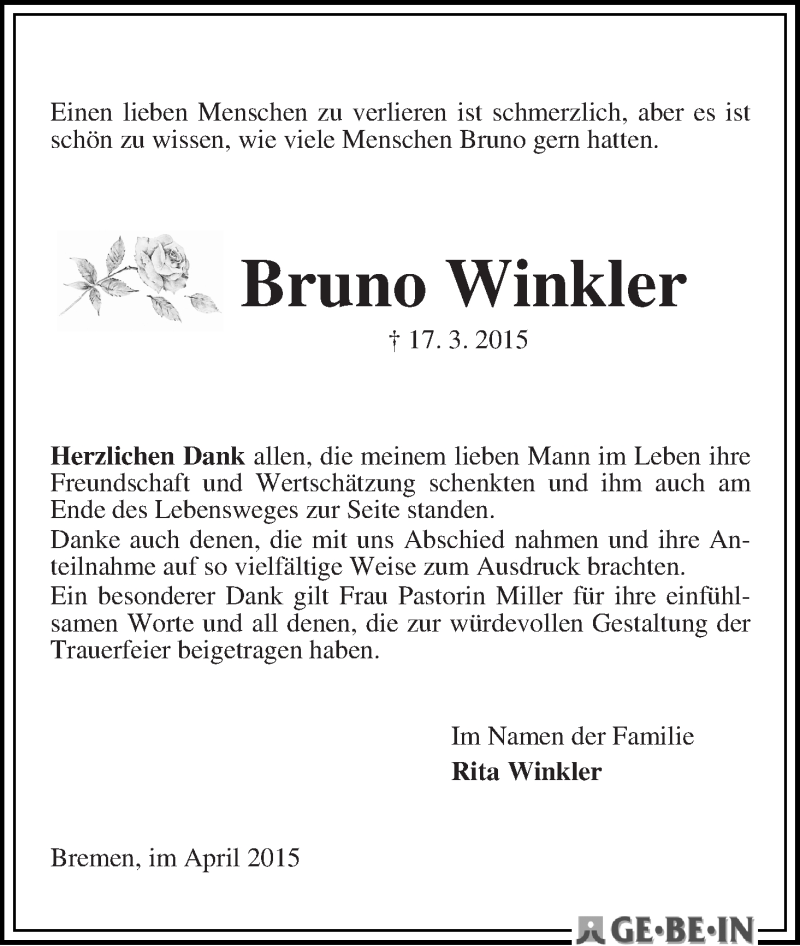 Traueranzeige von Bruno Winkler von WESER-KURIER