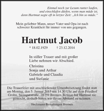 Traueranzeige von Hartmut Jacob