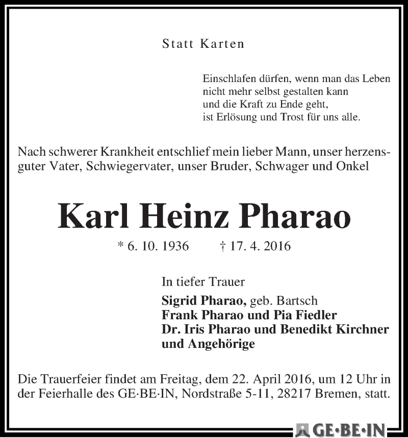 Traueranzeige von Karl Heinz Pharao von WESER-KURIER