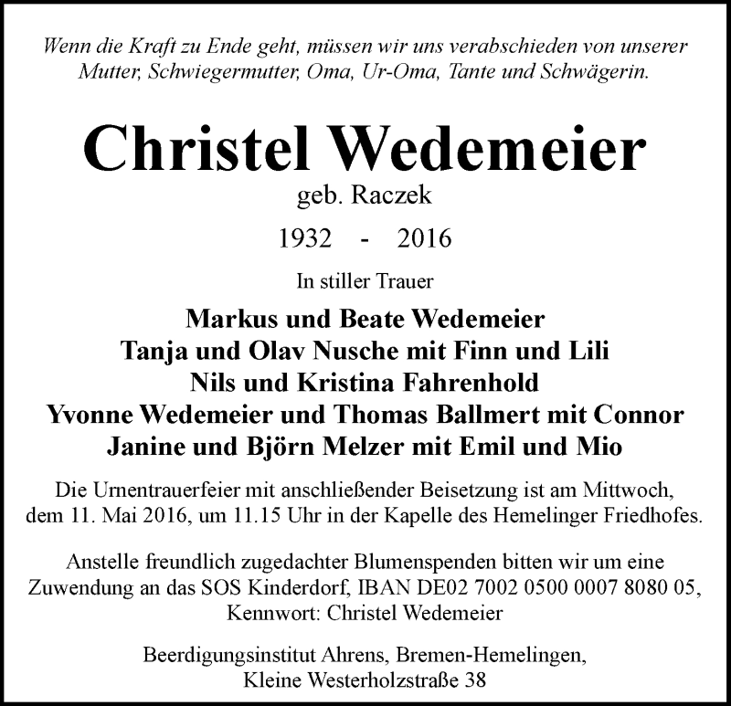 Traueranzeige von Christel Wedemeier von WESER-KURIER