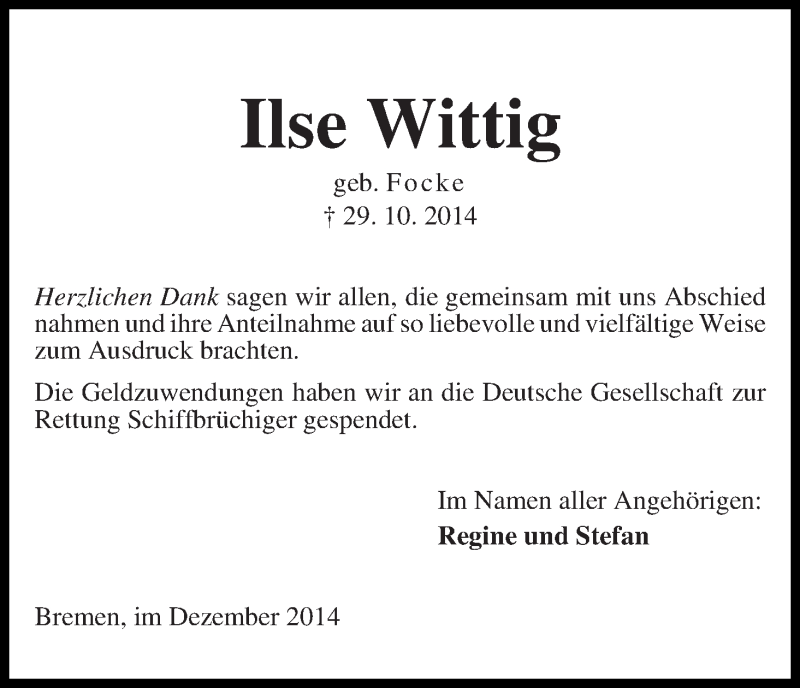 Traueranzeige von Ilse Wittig von WESER-KURIER