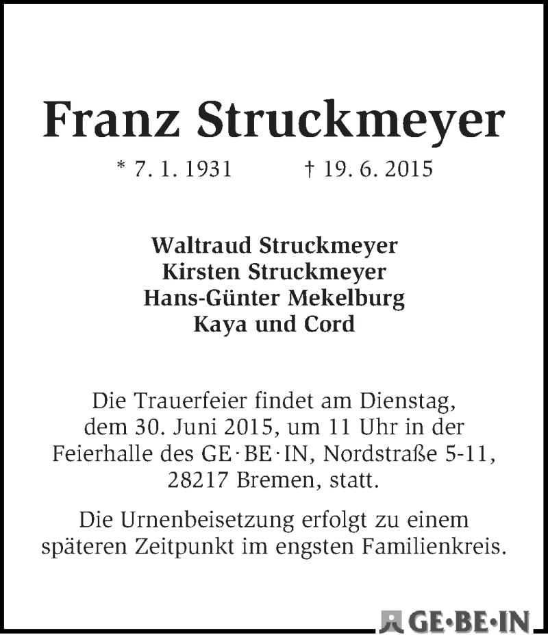 Traueranzeige von Franz Struckmeyer von WESER-KURIER