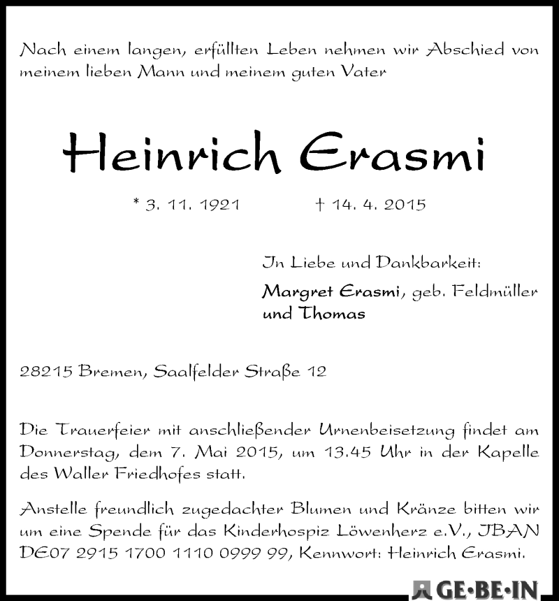 Traueranzeige von Heinrich Erasmi von WESER-KURIER
