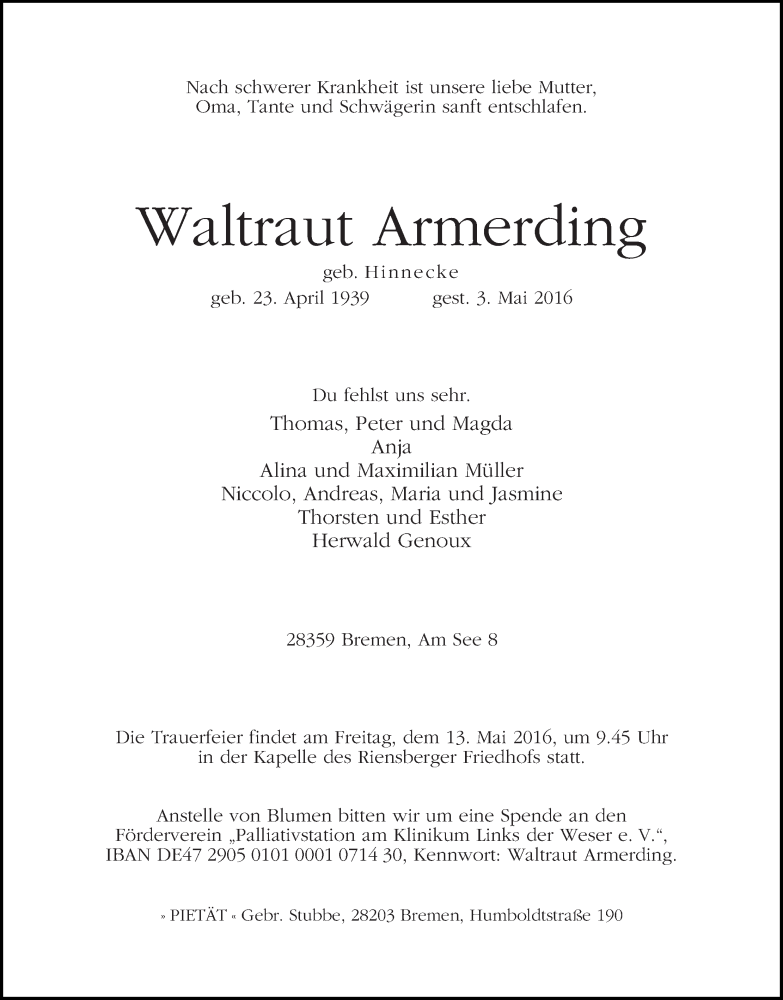 Traueranzeige von Waltraut Armerding von WESER-KURIER