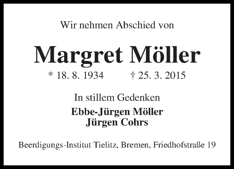 Traueranzeige von Margret Möller von WESER-KURIER