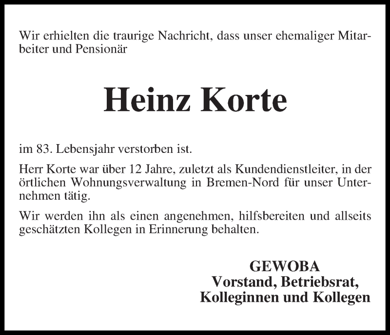 Traueranzeige von Heinz Korte von WESER-KURIER