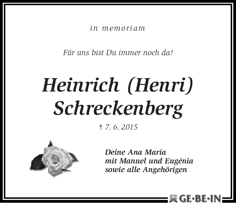 Traueranzeige von Heinrich (Henri) Schreckenberg von WESER-KURIER