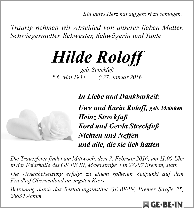 Traueranzeige von Hilde Roloff von WESER-KURIER