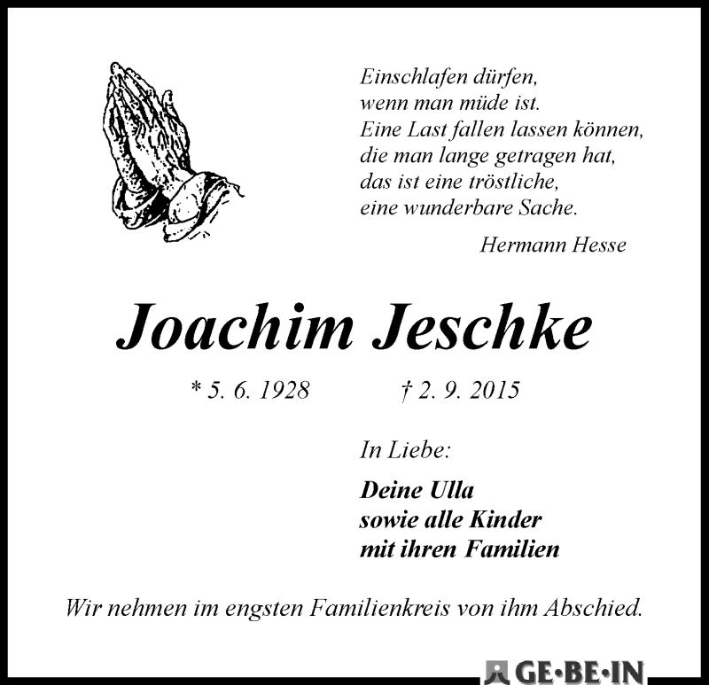 Traueranzeige von Joachim Jeschke von WESER-KURIER
