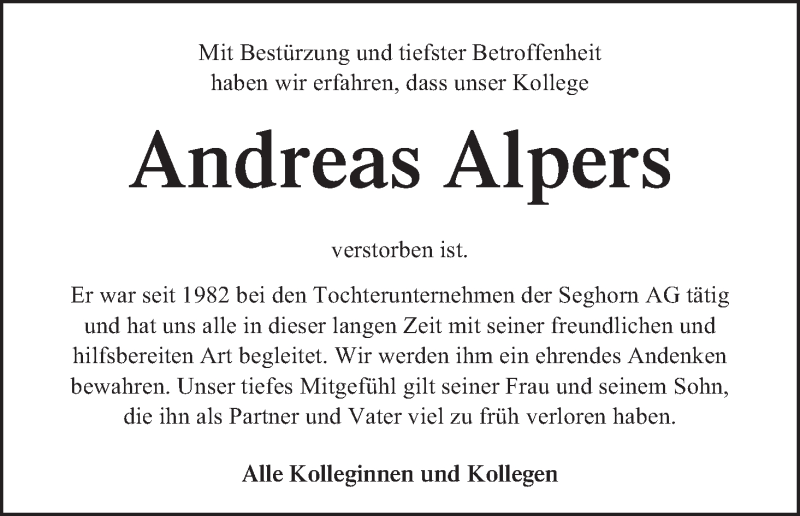 Traueranzeige von Andreas Alpers von WESER-KURIER