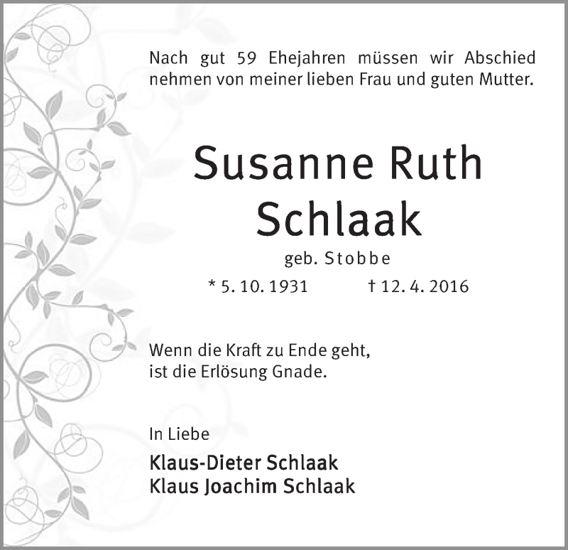 Traueranzeige von Susanne Ruth Schlaak von WESER-KURIER