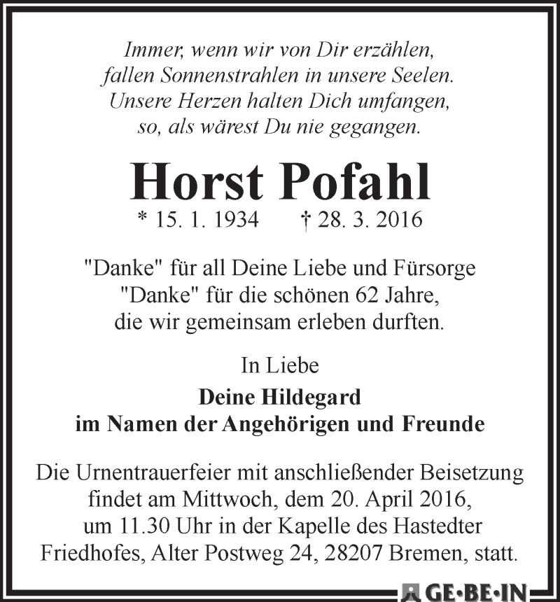 Traueranzeige von Horst Pofahl von WESER-KURIER