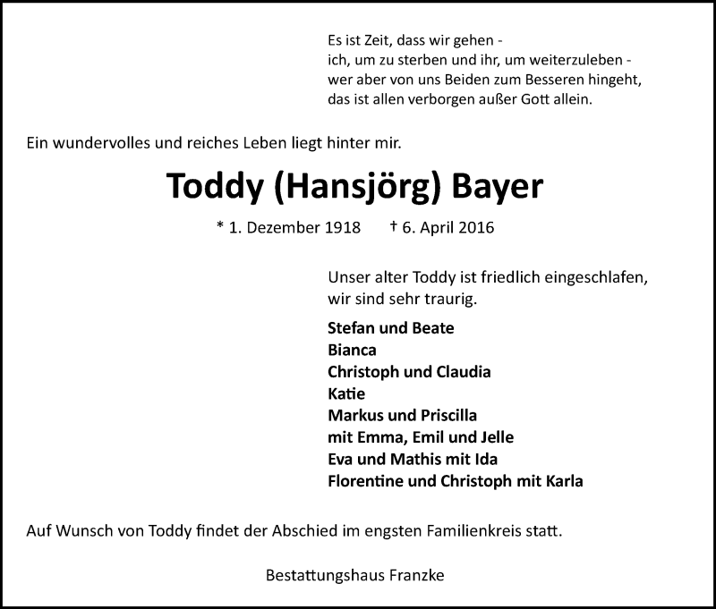 Traueranzeige von Toddy (Hansjörg) Bayer von Wuemme Zeitung