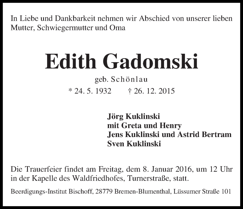 Traueranzeige von Edith Gadomski von Die Norddeutsche
