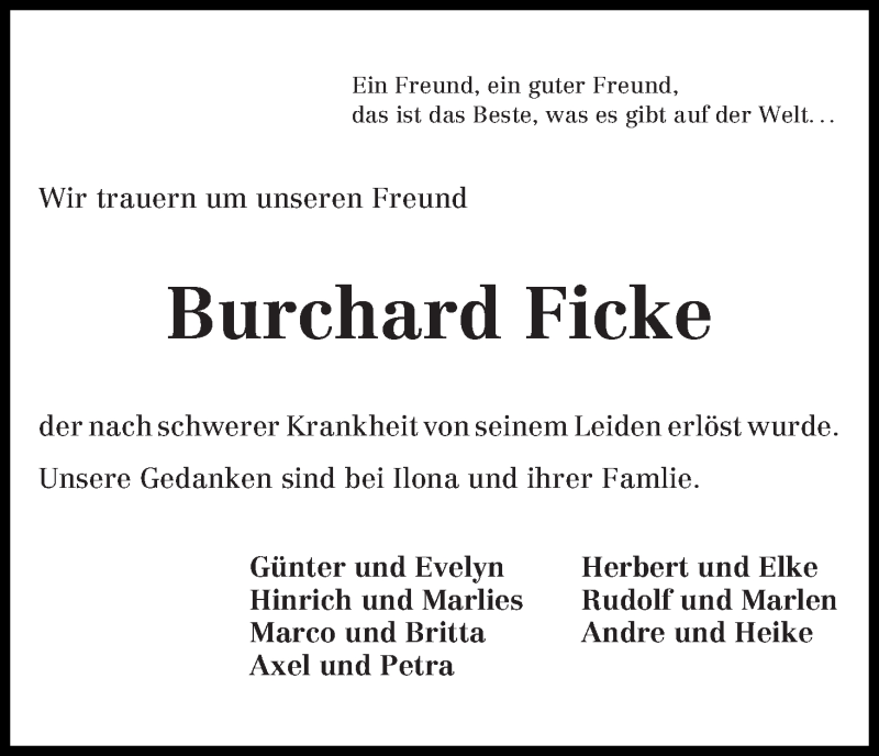 Traueranzeige von Burchard Ficke von Die Norddeutsche