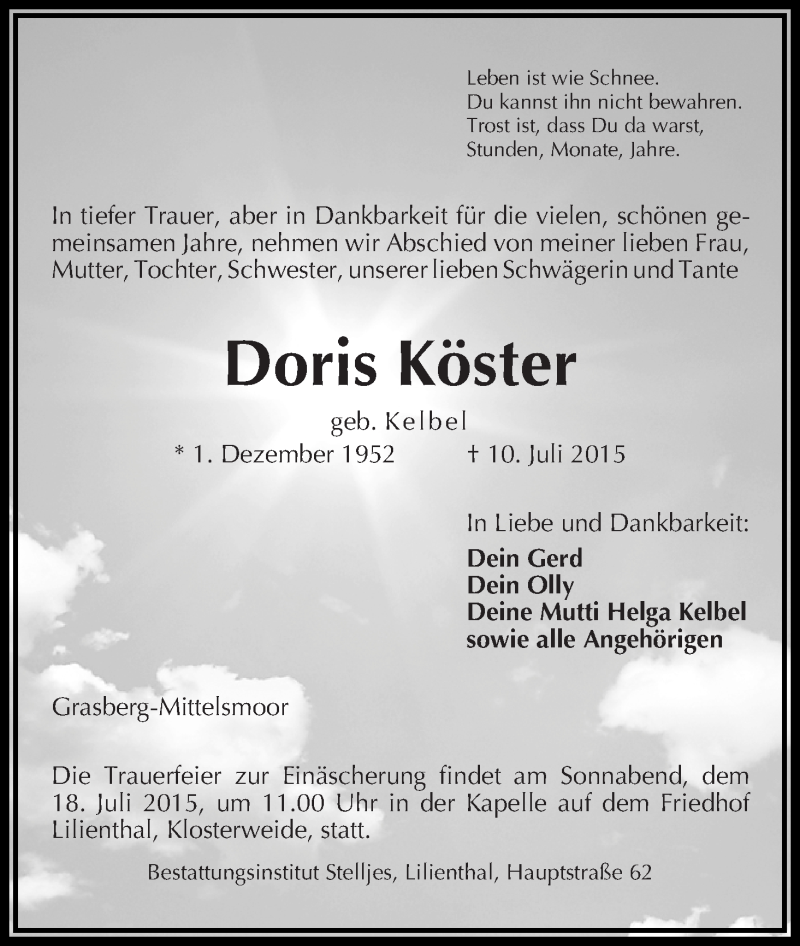  Traueranzeige für Doris Köster vom 14.07.2015 aus Wuemme Zeitung