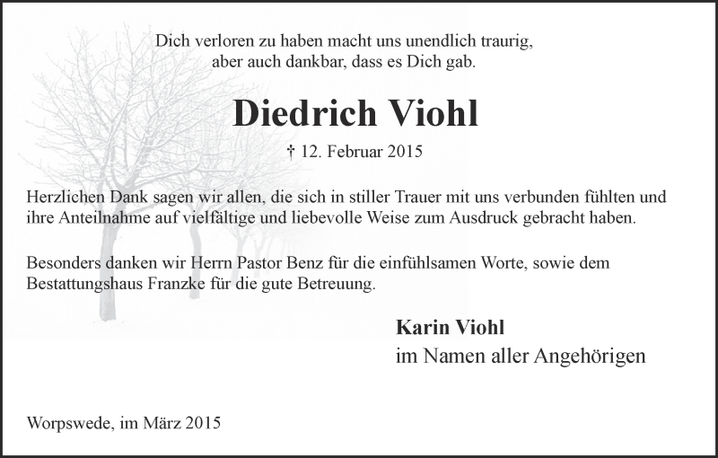 Traueranzeige von Diedrich Viohl von Wuemme Zeitung