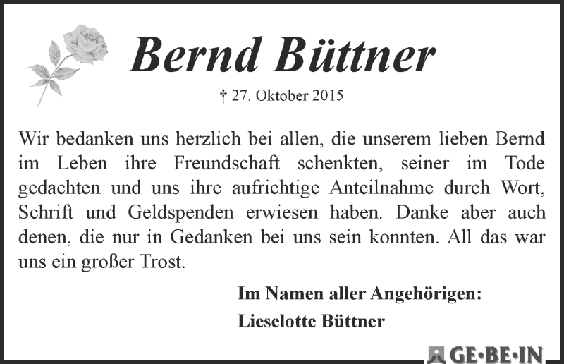 Traueranzeige von Bernd Büttner von WESER-KURIER
