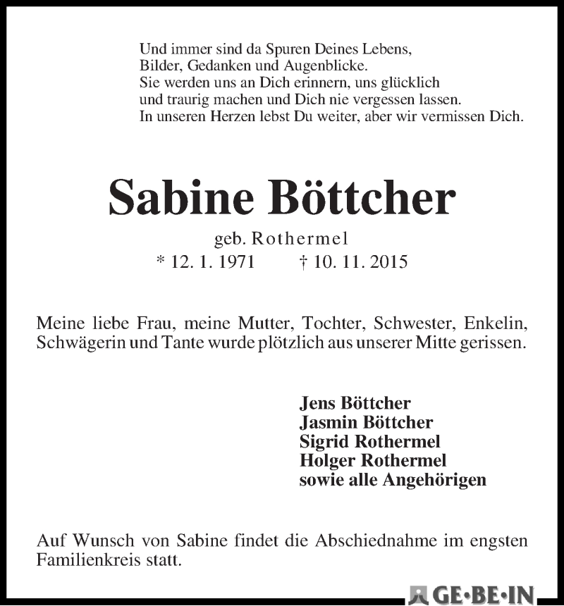 Traueranzeige von Sabine Böttcher von WESER-KURIER