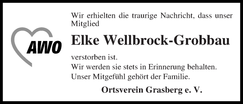 Traueranzeige von Elke Wellbrock-Grobbau von Wuemme Zeitung