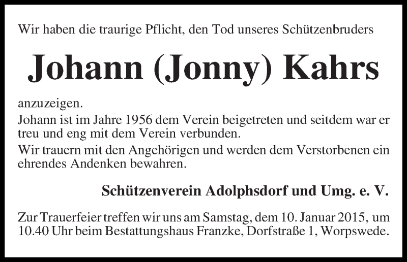 Traueranzeige von Johann (Jonny) Kahrs von Wuemme Zeitung