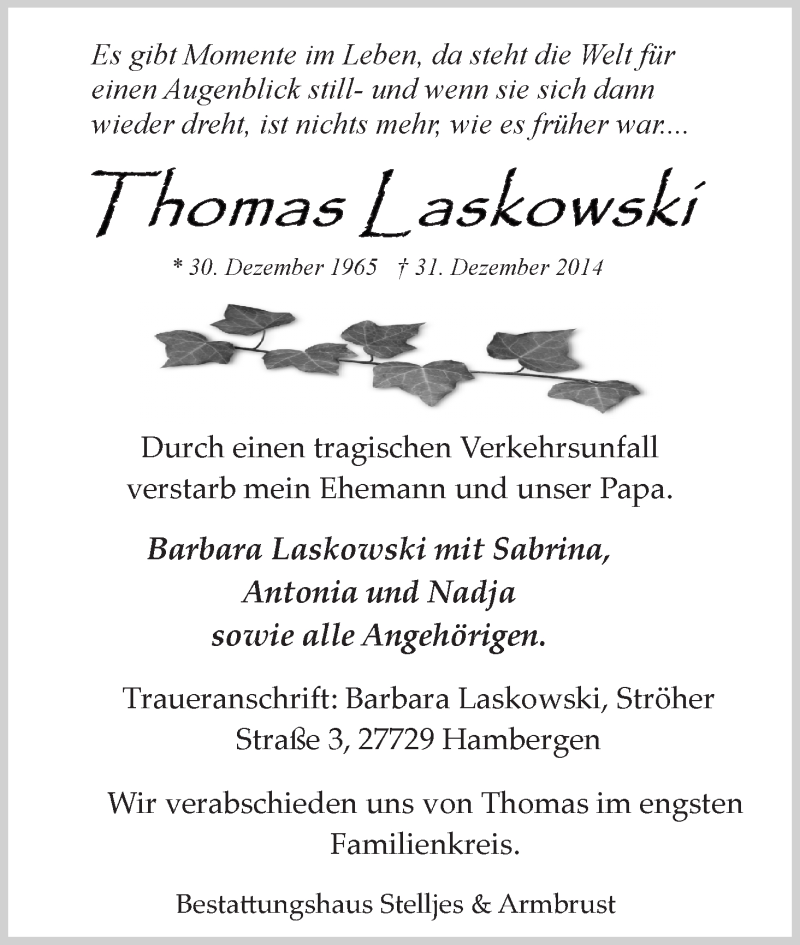  Traueranzeige für Thomas Laskowski vom 14.01.2015 aus Osterholzer Kreisblatt