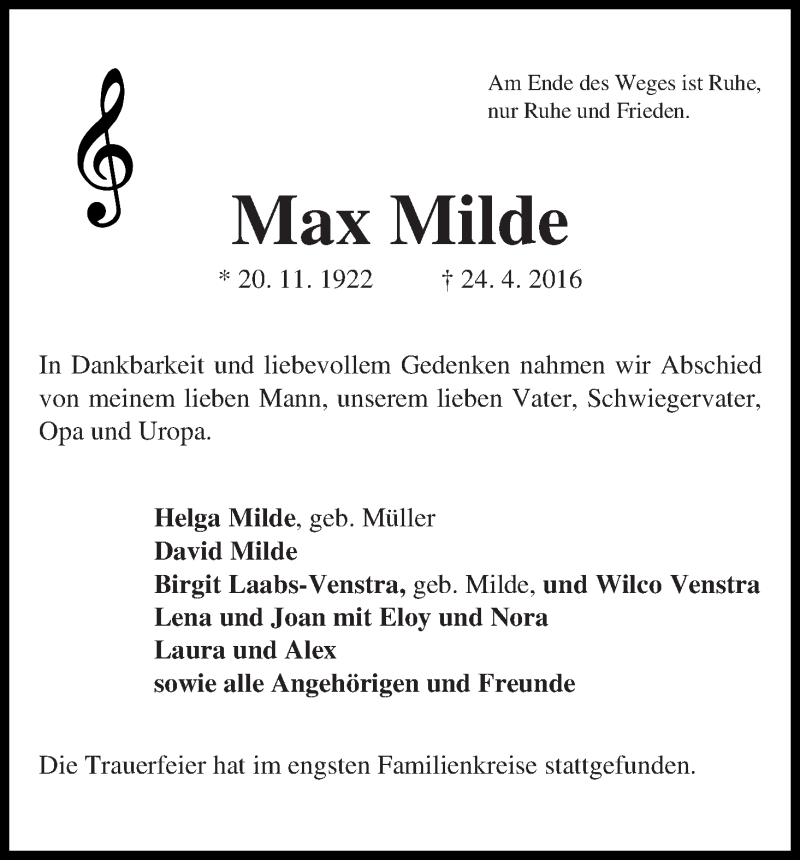Traueranzeige von Max Milde von WESER-KURIER