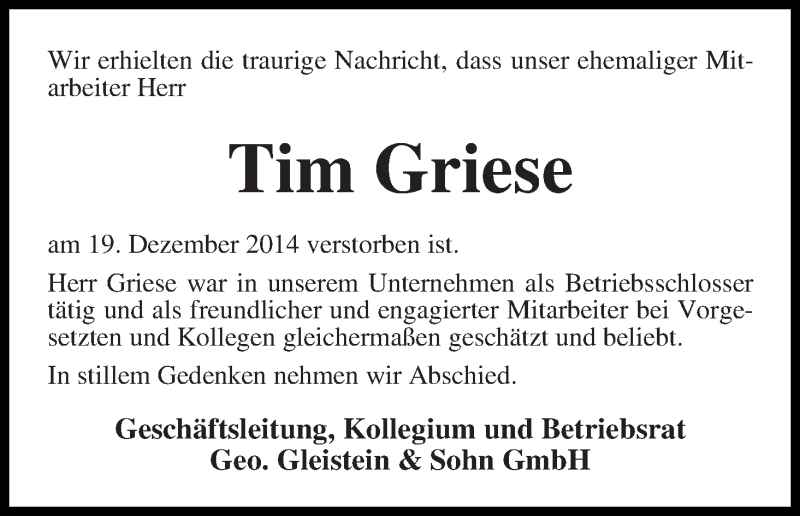Traueranzeige von Tim Griese von Die Norddeutsche