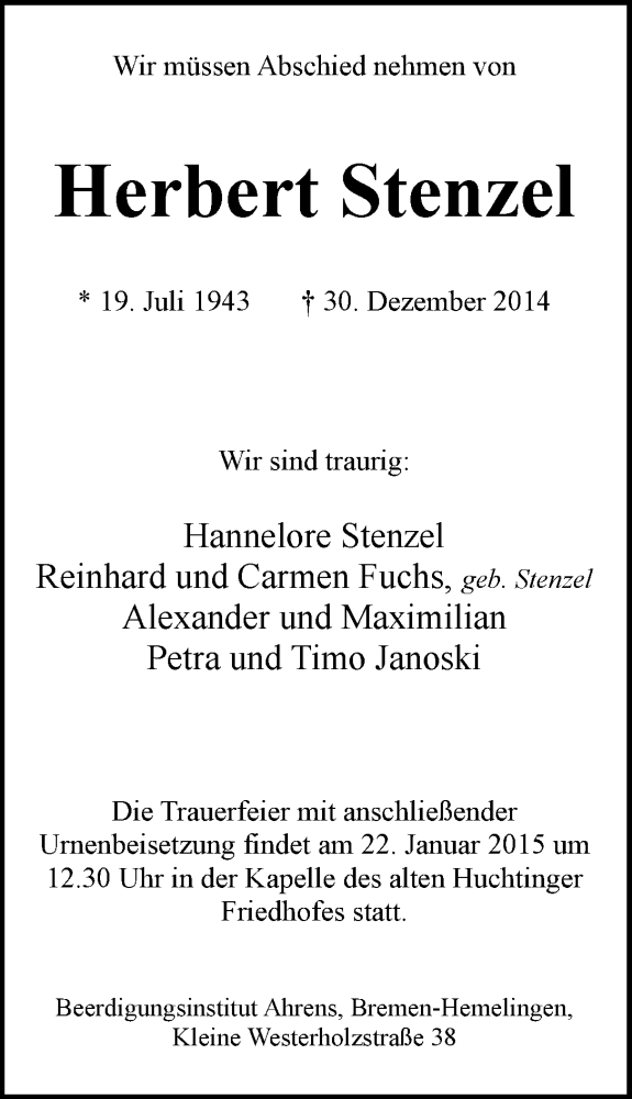 Traueranzeige von Herbert Stenzel von WESER-KURIER